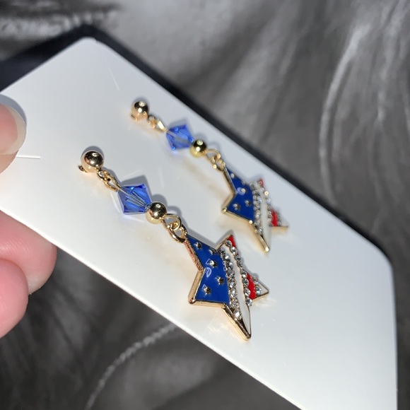 Star American Flag Pendant Red White and Blue Dangles From Stud with Blue Czech - Picture 6 of 12